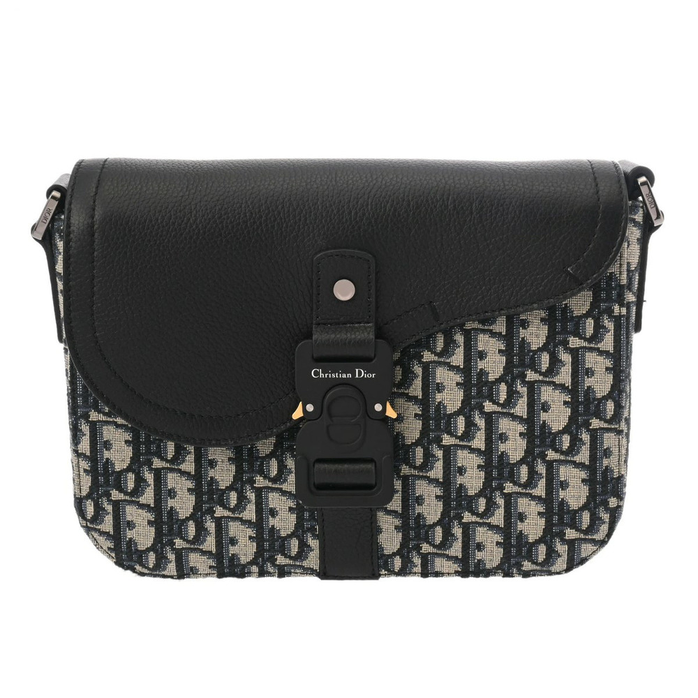 CHRISTIAN DIOR Saddle Flap Messenger Bag Navy Blue Beige Jacquard Leather